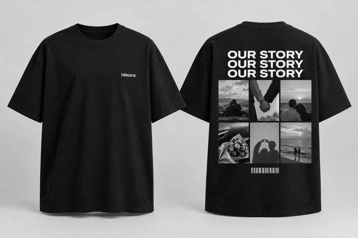 Duas camisetas pretas com colagens de fotos personalizadas nas costas