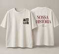 Camiseta oversized off white com colagem de fotos do casal